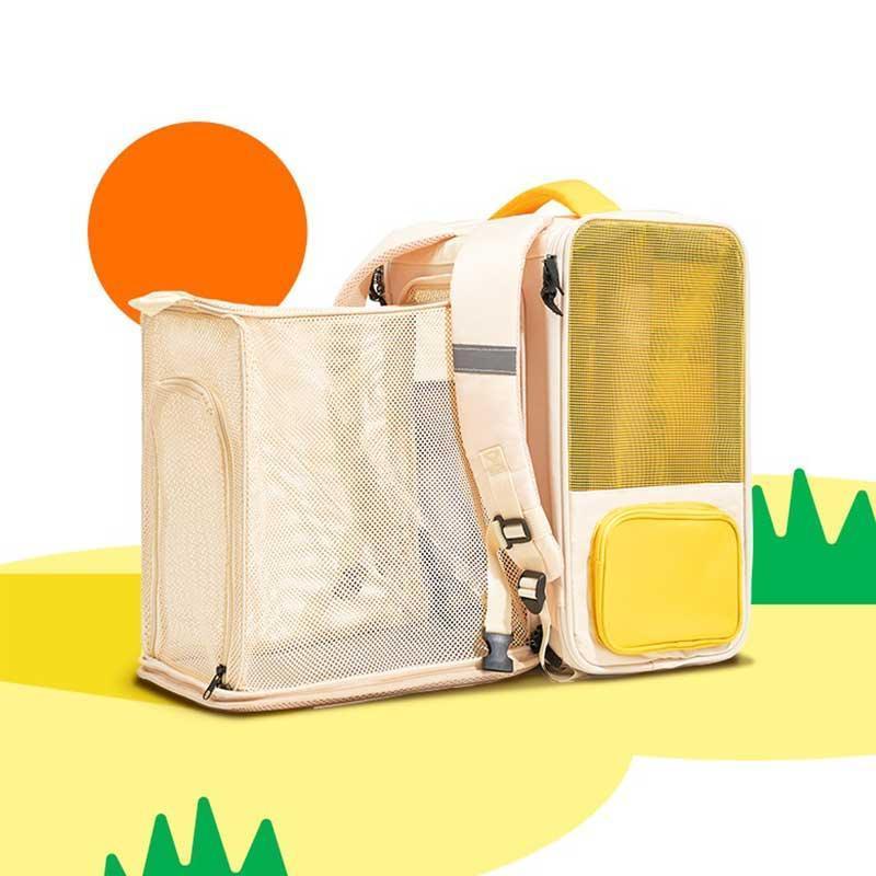 Weißer Game-Style-Katzenrucksack mit voll aufgeklapptem Mesh-Zelt