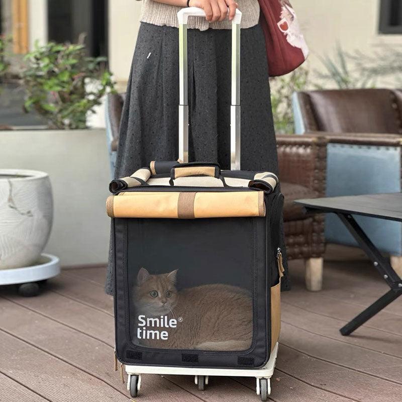 Black and beige cat trolley carrier with pull handle extended