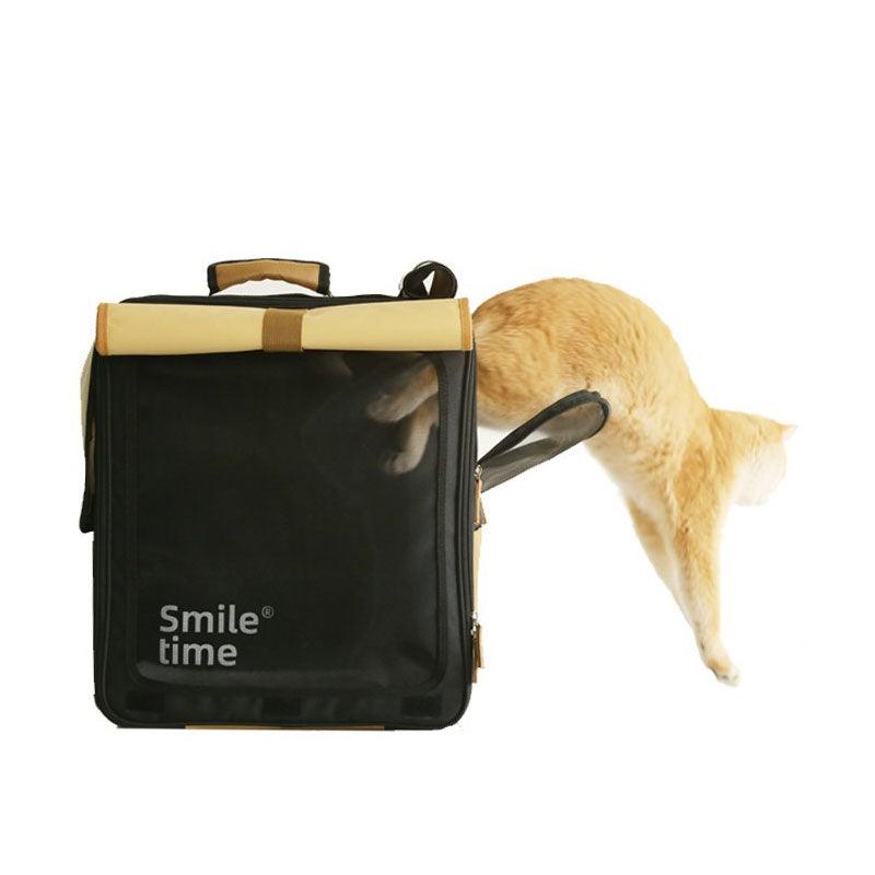 Black roll-up cat carrier with cat entering side opening