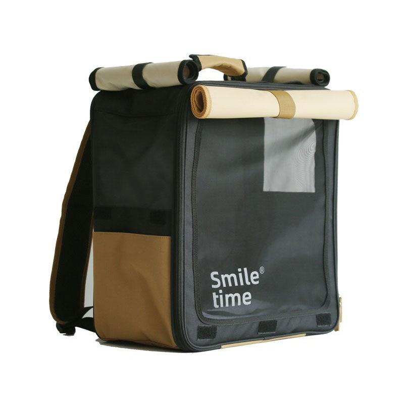 Black and beige roll-up pet carrier backpack front view