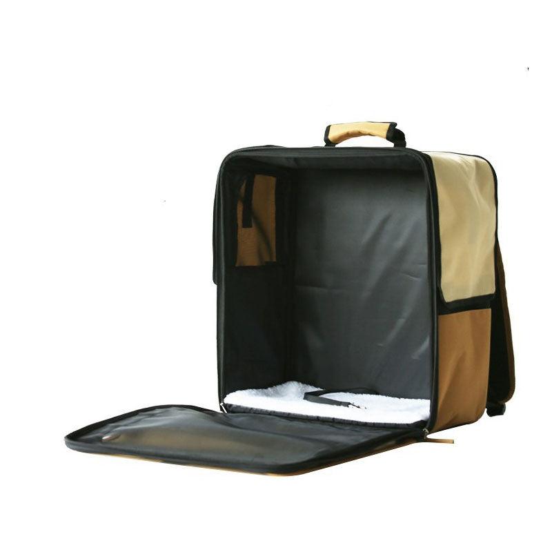 Black and beige pet carrier backpack with front flap open