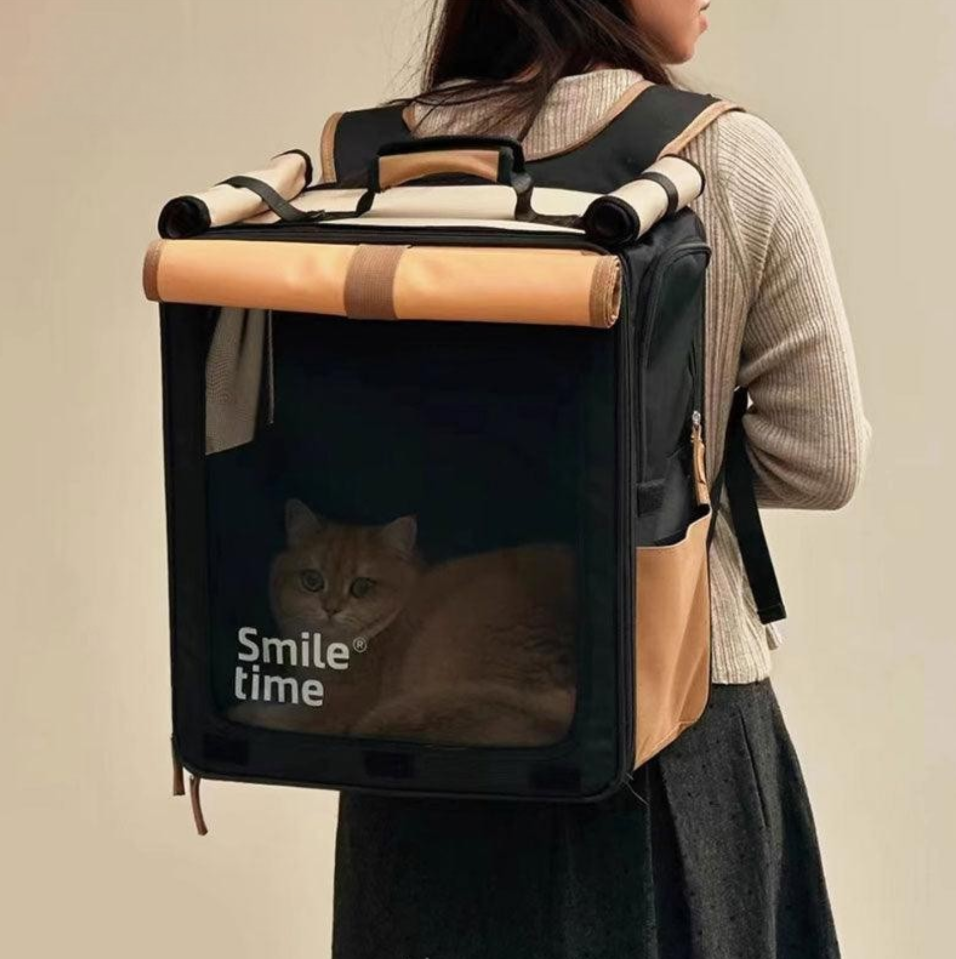 Black and tan roll-up cat carrier backpack with cat behind mesh window