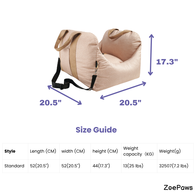 Beige pet car seat with dimensions and specifications on a white background, featuring the brand 'ZoePaws'.