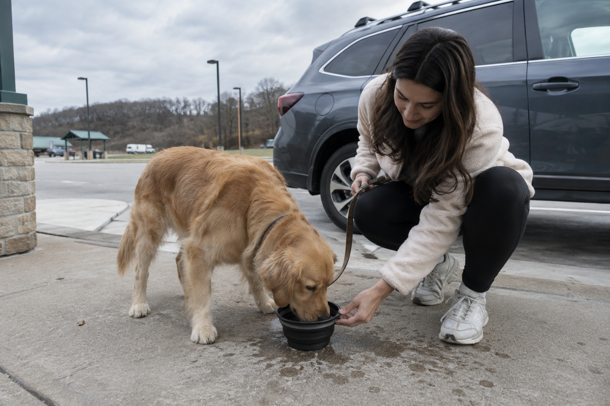 Owner giving a dog water during a quiet roadside break on a car journey