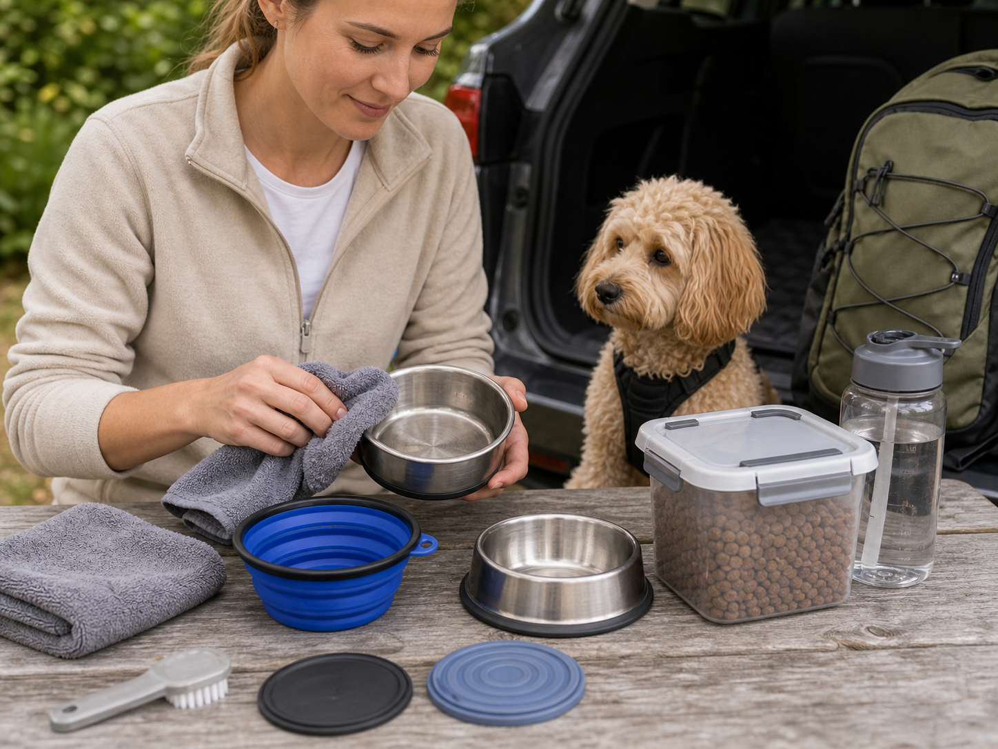 Owner cleaning dog travel food bowls before a road trip