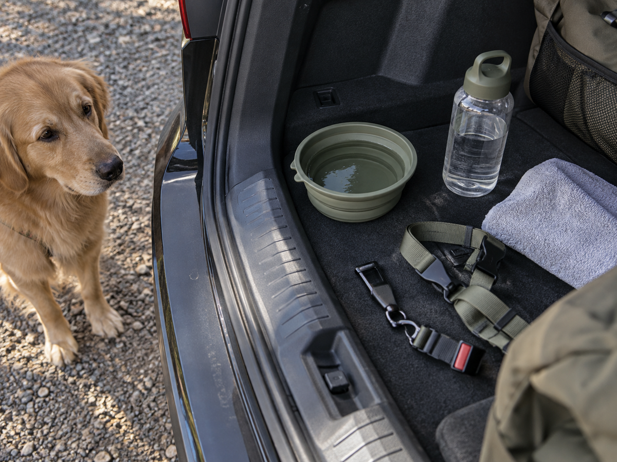 Travel water bowl and towel ready beside a dog car harness before continuing a journey