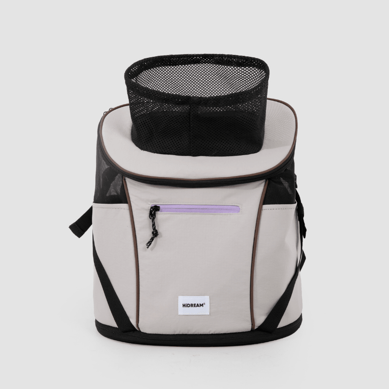 Hellgraue Front-Haustier-Rucksack mit oberem Mesh-Eingang und schwarzem Haustier innen