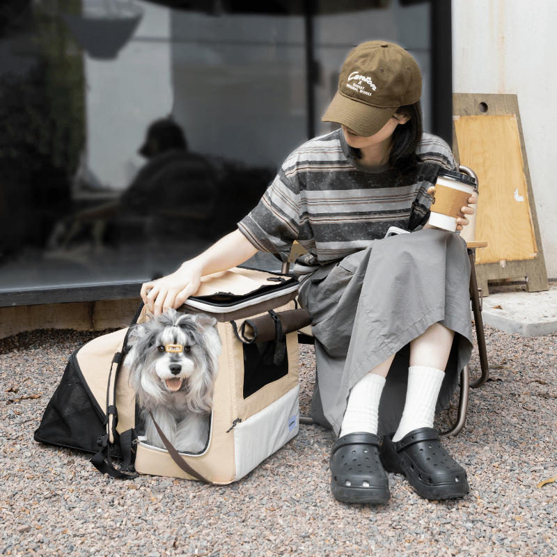 Beige Haustier-Rucksack-Tragetasche mit erweitertem Zelt und Hund neben sitzendem Besitzer