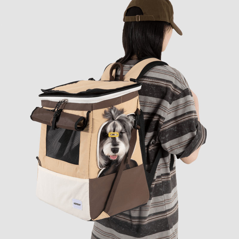 Beige Haustier-Rucksack-Tragetasche auf dem Rücken getragen mit kleinem Hund durch Netzfenster spähend