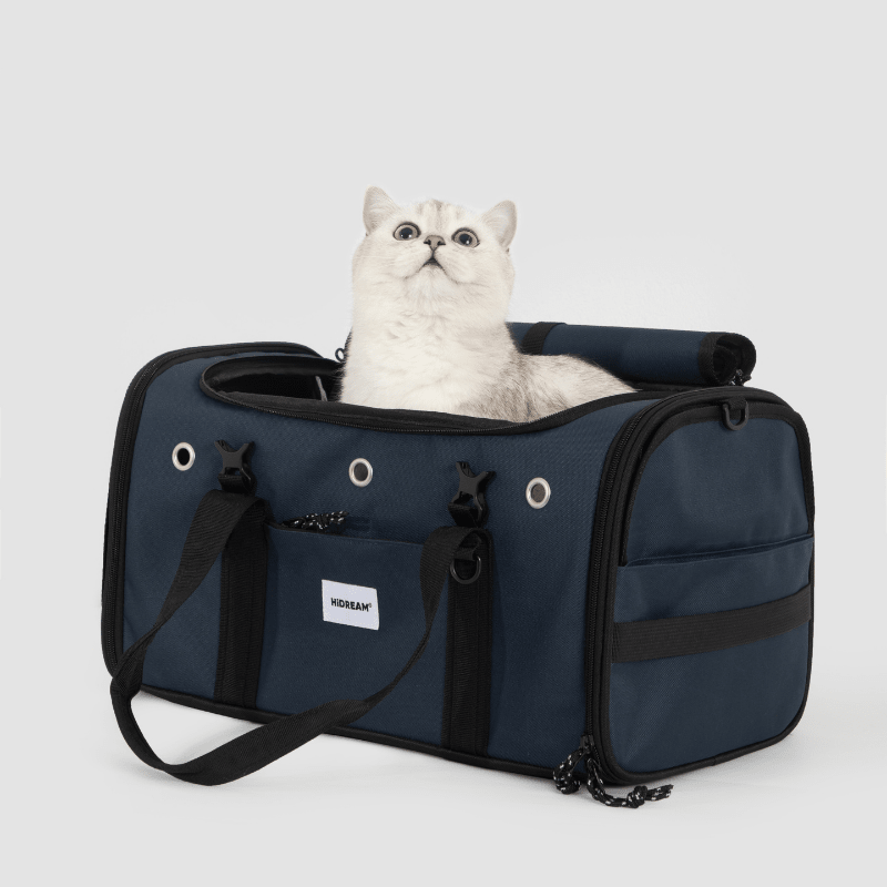 Dunkelblaue Toast-Stil Haustier-Tragetasche für Flugreisen mit weißer Katze darin sitzend