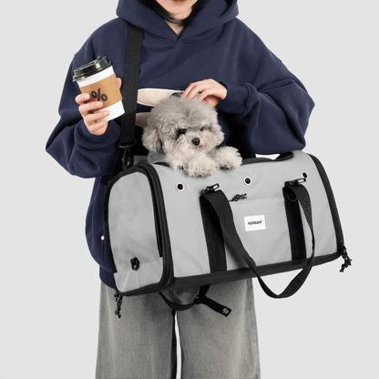 Graue Toast-Stil Haustier-Tragetasche für Flugreisen mit kleinem Hund darin ruhend, während Besitzer Tasse hält