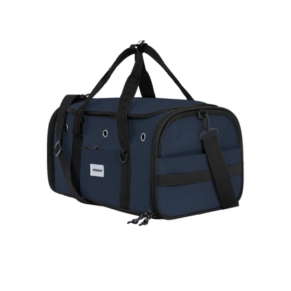 Navy-blauer toast-farbener Fluggast-Haustiertransporter Schrägansicht mit Schultergurt