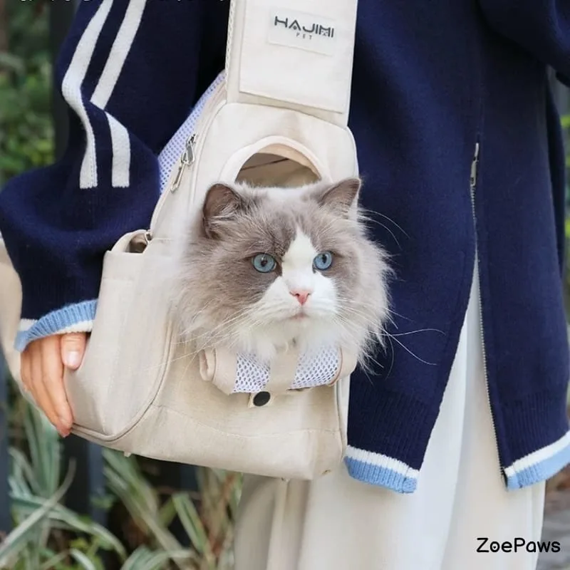 Fluffy gray and white cat with blue eyes peeking out of beige HAJIMI pet carrier sling bag