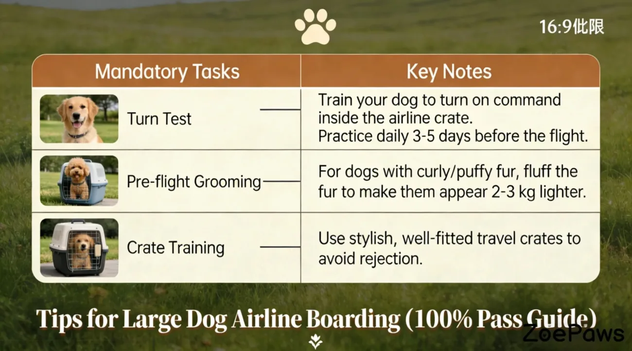Infographic showing tips for large dog airline boarding with turn test, grooming, and crate training tasks