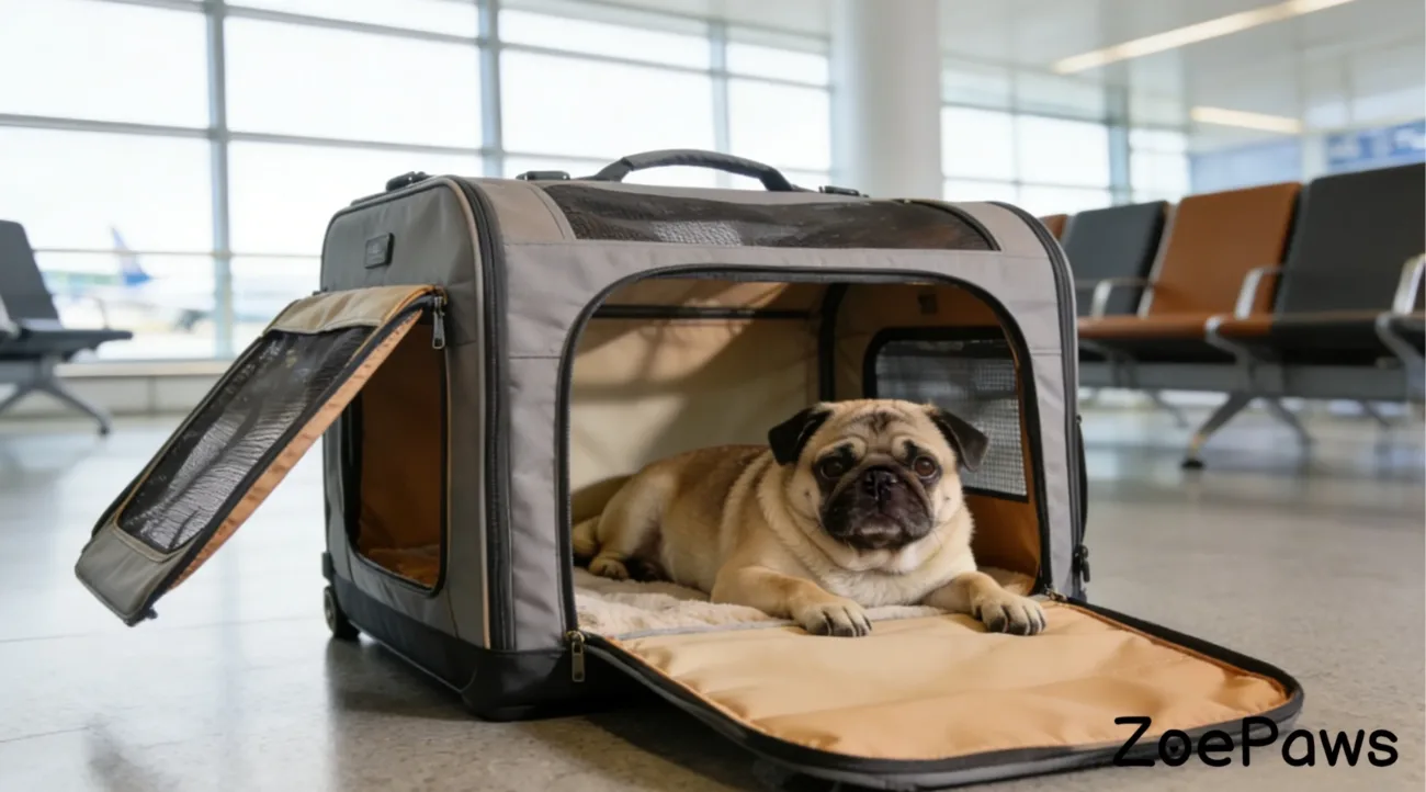Fawn pug lying in gray soft-sided pet carrier at airport terminal - ZoePaws