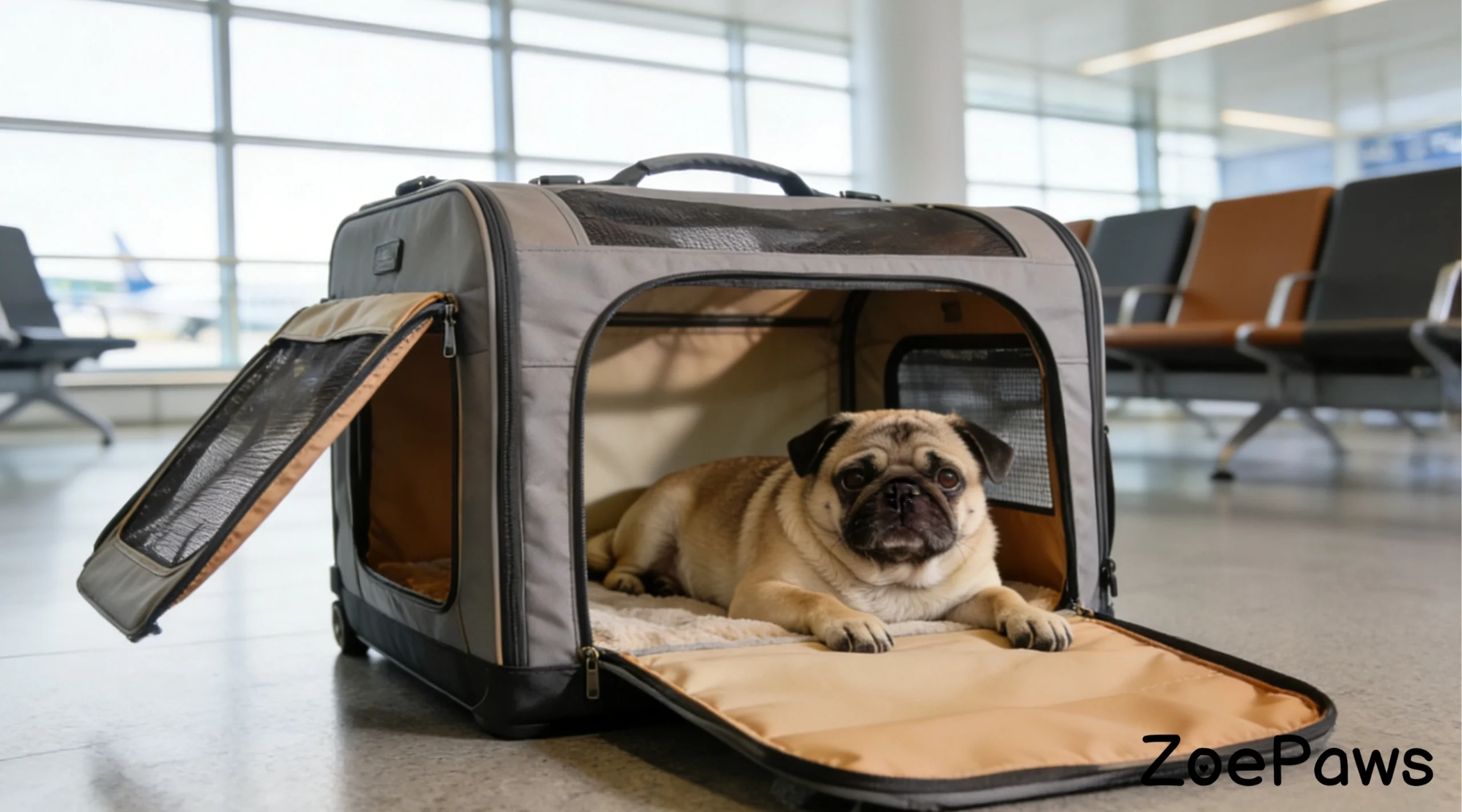 Fawn pug lying in gray soft-sided pet carrier at airport terminal - ZoePaws
