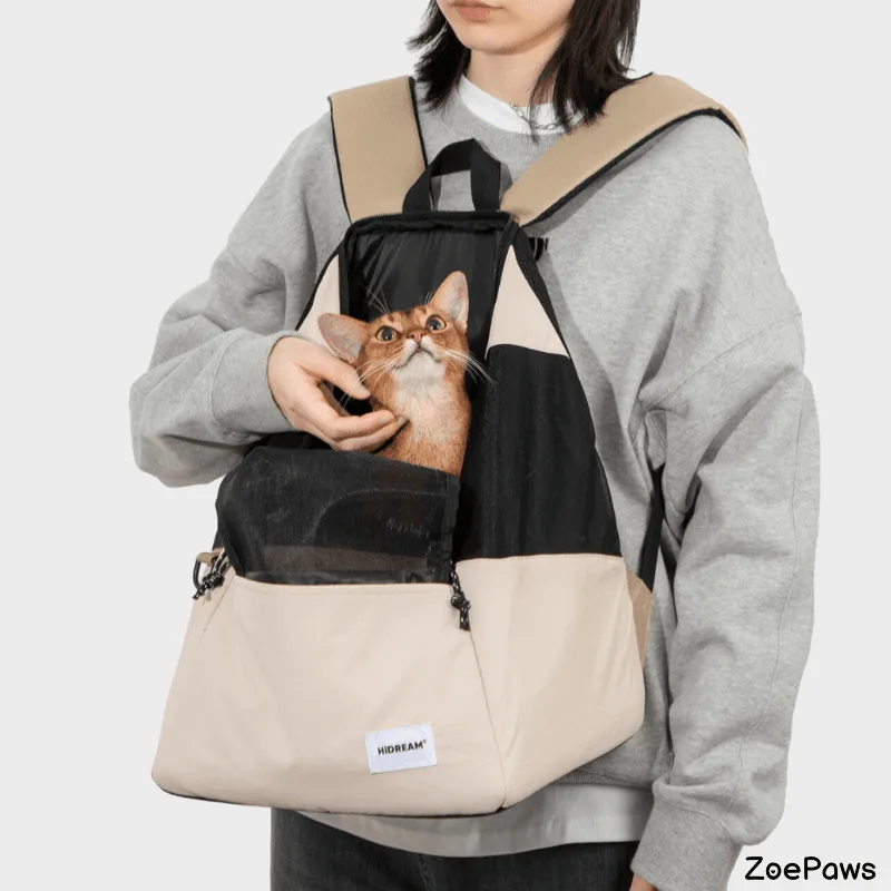 Abyssinian cat peeking out of HiDREAM beige and black pet carrier bag held by person in gray sweater