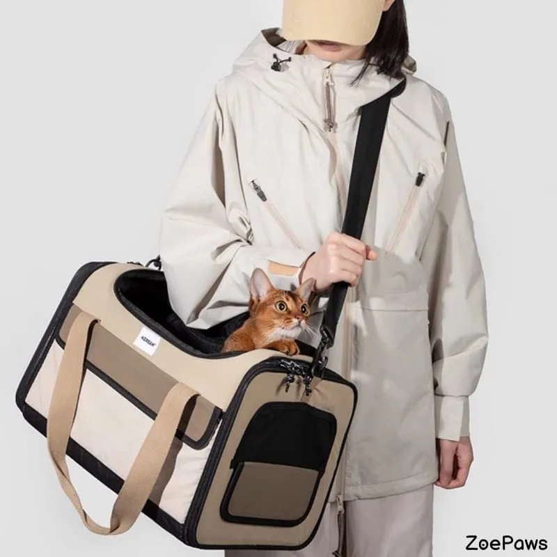 Person in beige jacket carrying ZoePaws pet carrier bag with orange Abyssinian cat peeking out