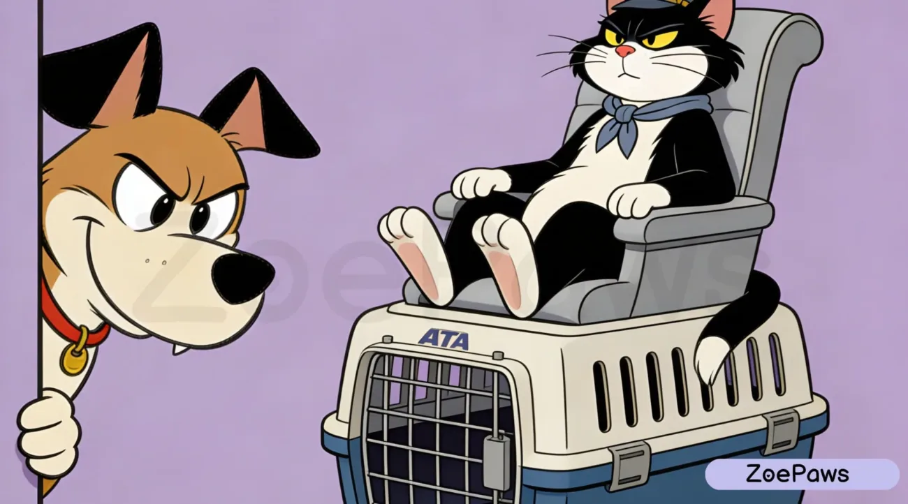 A Dog see a cat seat on a Dog Travel Crate