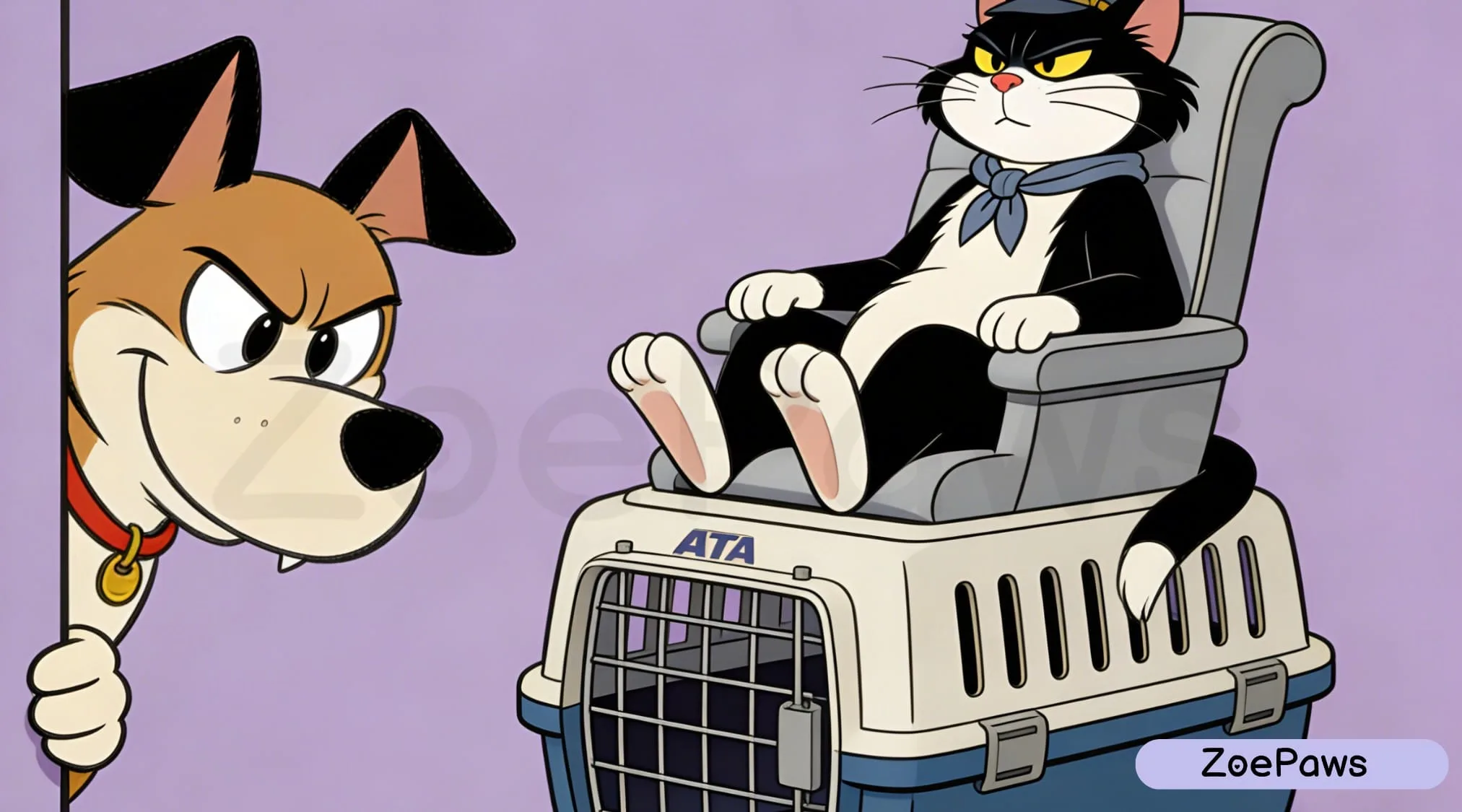 A Dog see a cat seat on a Dog Travel Crate