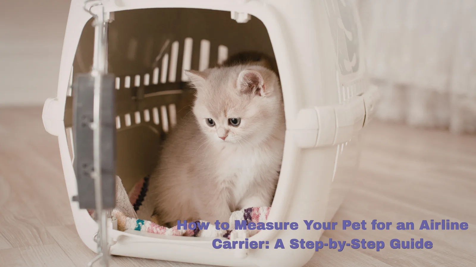 Fluffy white kitten sitting inside a pet carrier with text about measuring pets for airline carriers