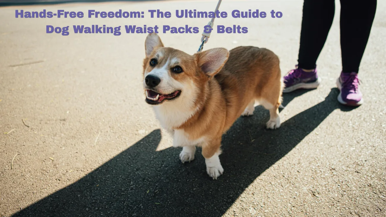 Corgi on leash walking on pavement with owner wearing purple sneakers on sunny day