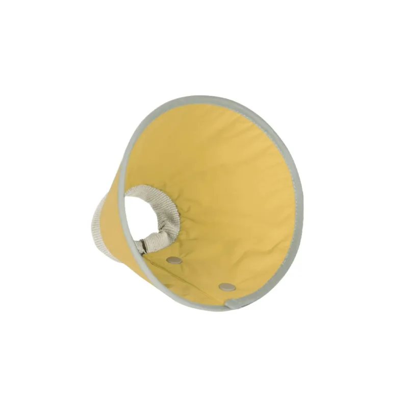 Yellow pet recovery cone collar with soft fabric lining and snap closure