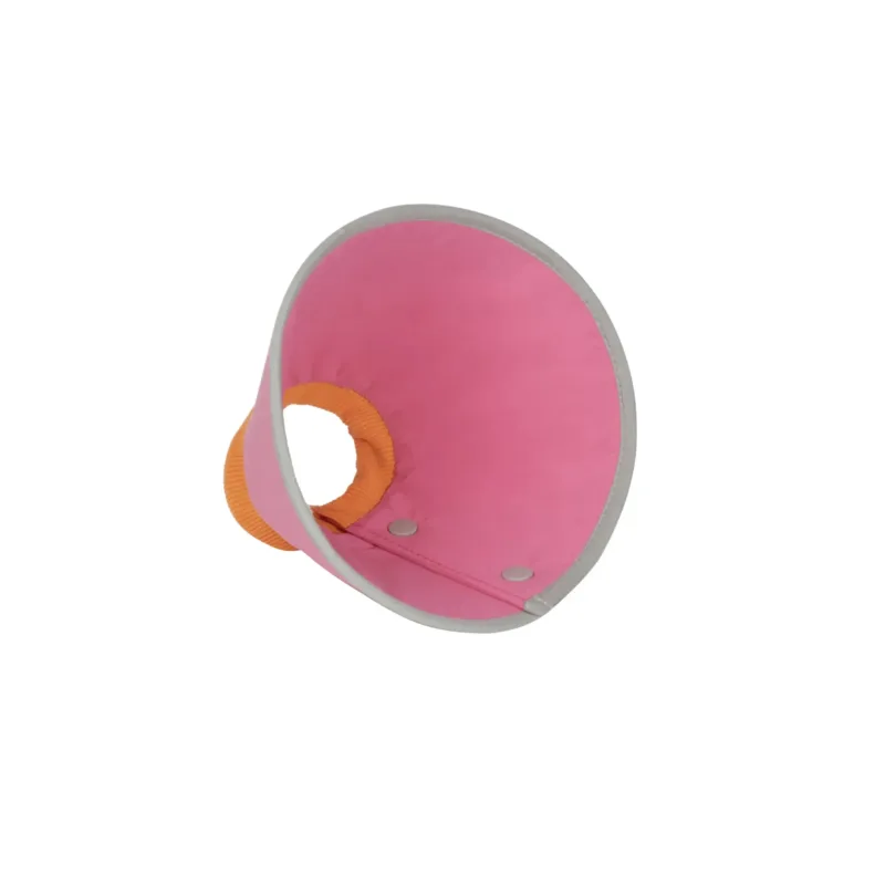 Pink fabric pet recovery cone with orange collar trim and gray edges