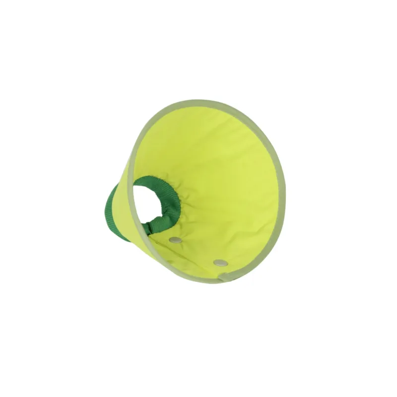 Bright yellow soft pet recovery cone with green elastic collar and snap closures