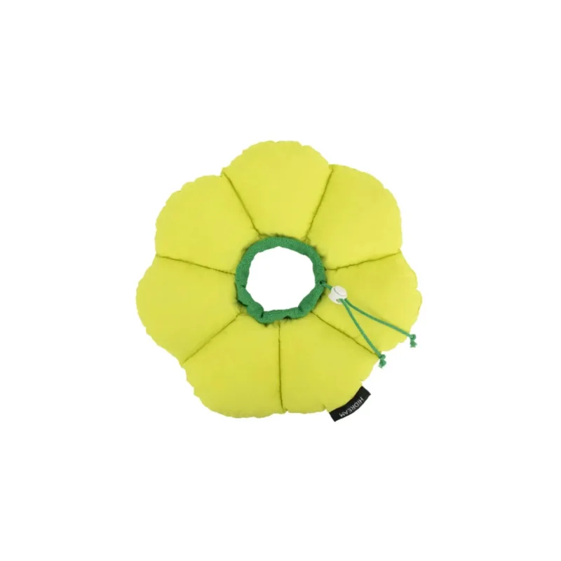 Yellow flower-shaped pet recovery cone collar with green drawstring closure by HIDREAM