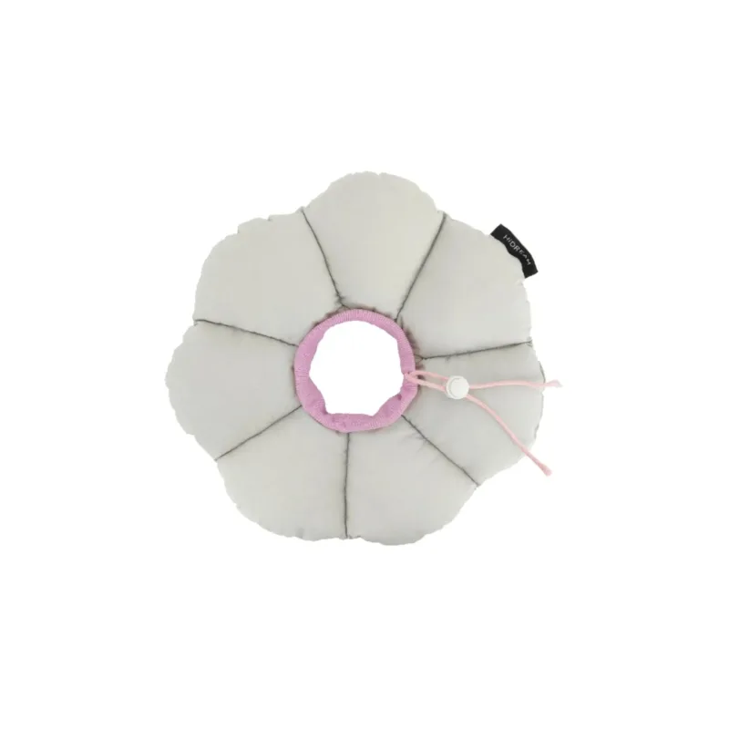 Soft gray flower-shaped pet recovery collar with pink elastic center opening and adjustable drawstring