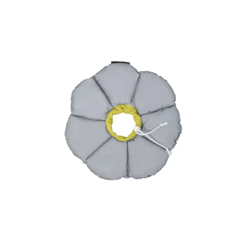 Gray petal-shaped pet recovery cone collar with yellow padded inner ring and adjustable drawstring