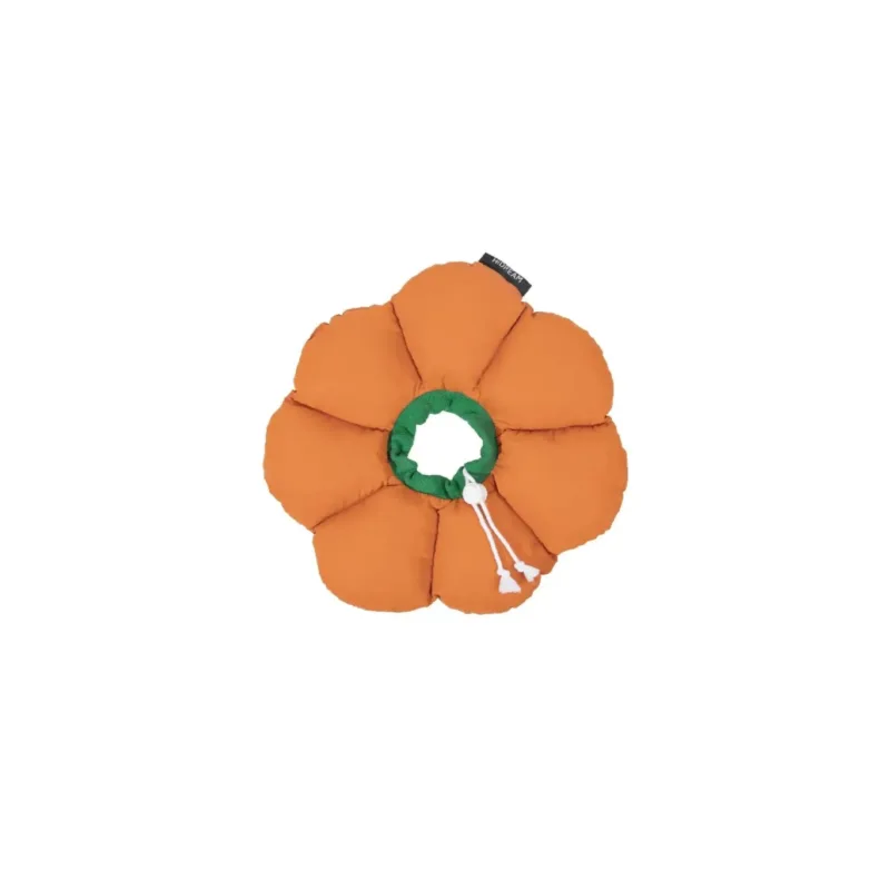 Orange pumpkin-shaped pet recovery collar with green center opening and adjustable drawstring